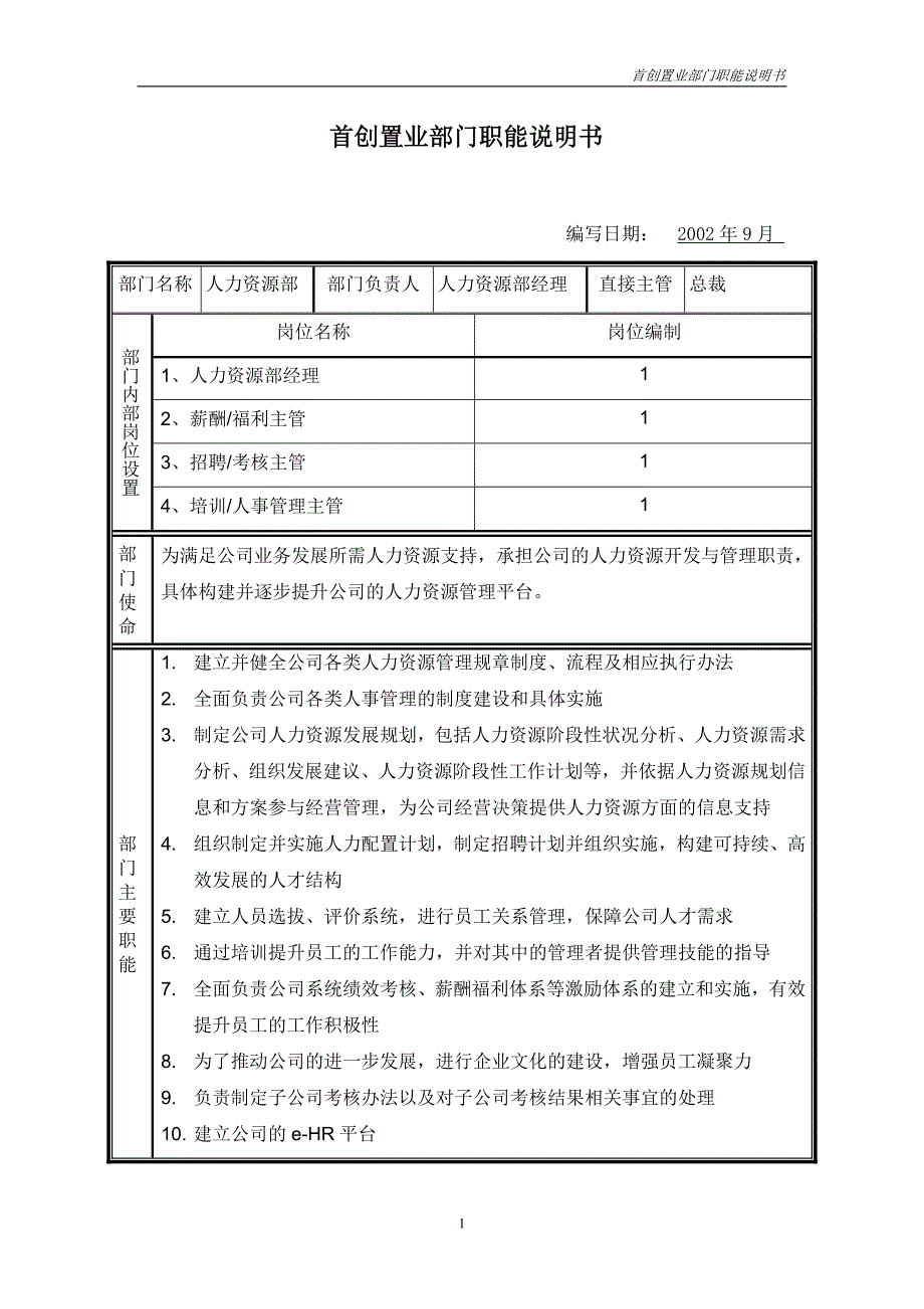 首创集团HR报告（翰威特）部门职能说明书-人力资源部_第1页