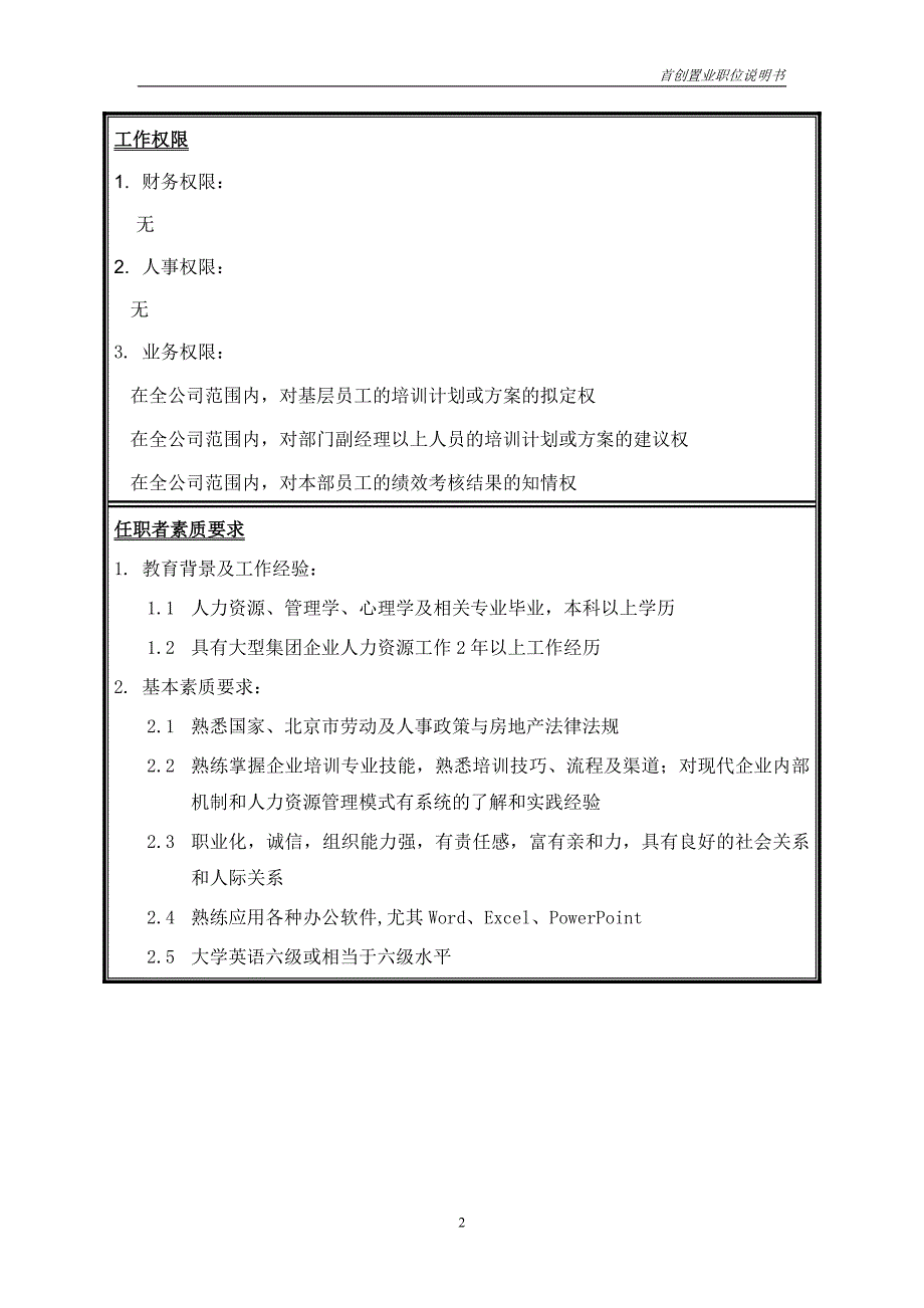 首创集团HR报告（翰威特）职位说明书-培训人事管理主管_第2页