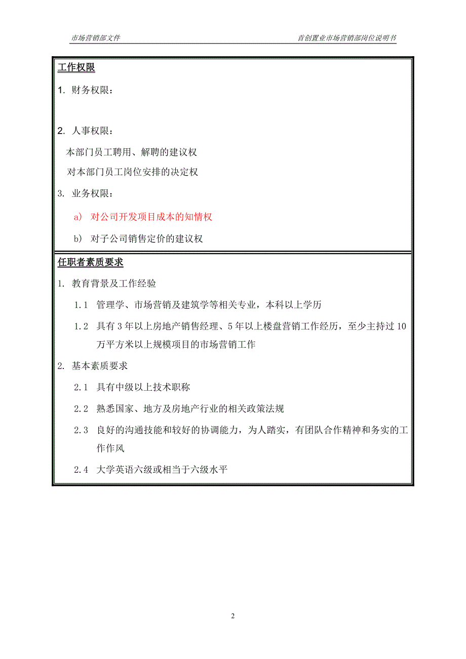 首创集团HR报告（翰威特）市场经理岗位说明书_第2页