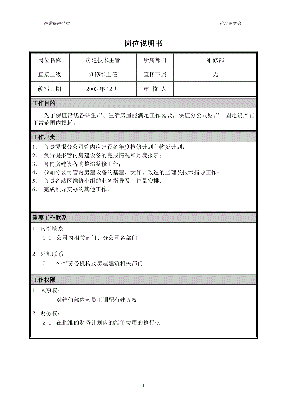 神华朔黄铁路公司（人力资源管理）岗位说明书－房建技术主管_第1页