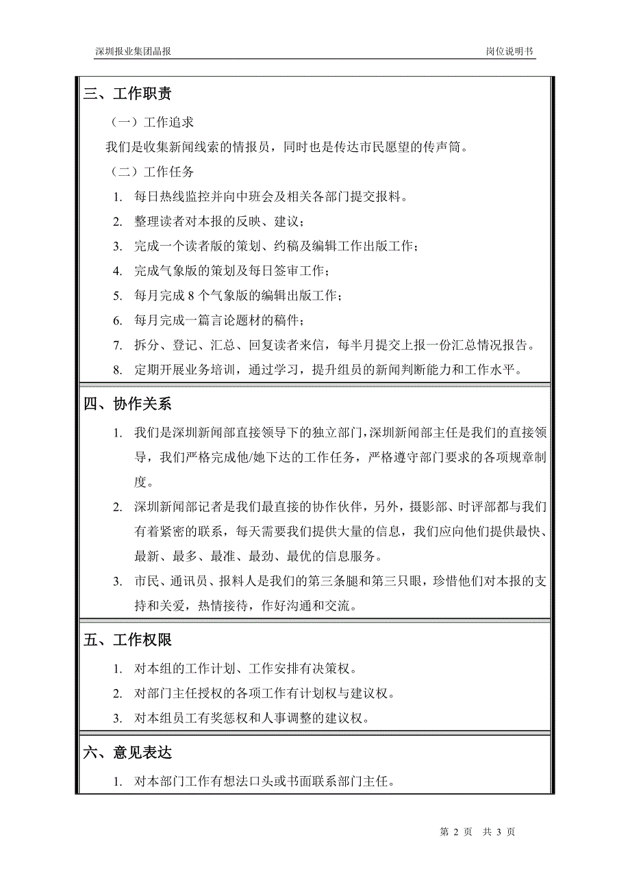 深圳报业集团晶报（人力资源咨询）岗位说明书-深圳新闻部热线组组长_第2页