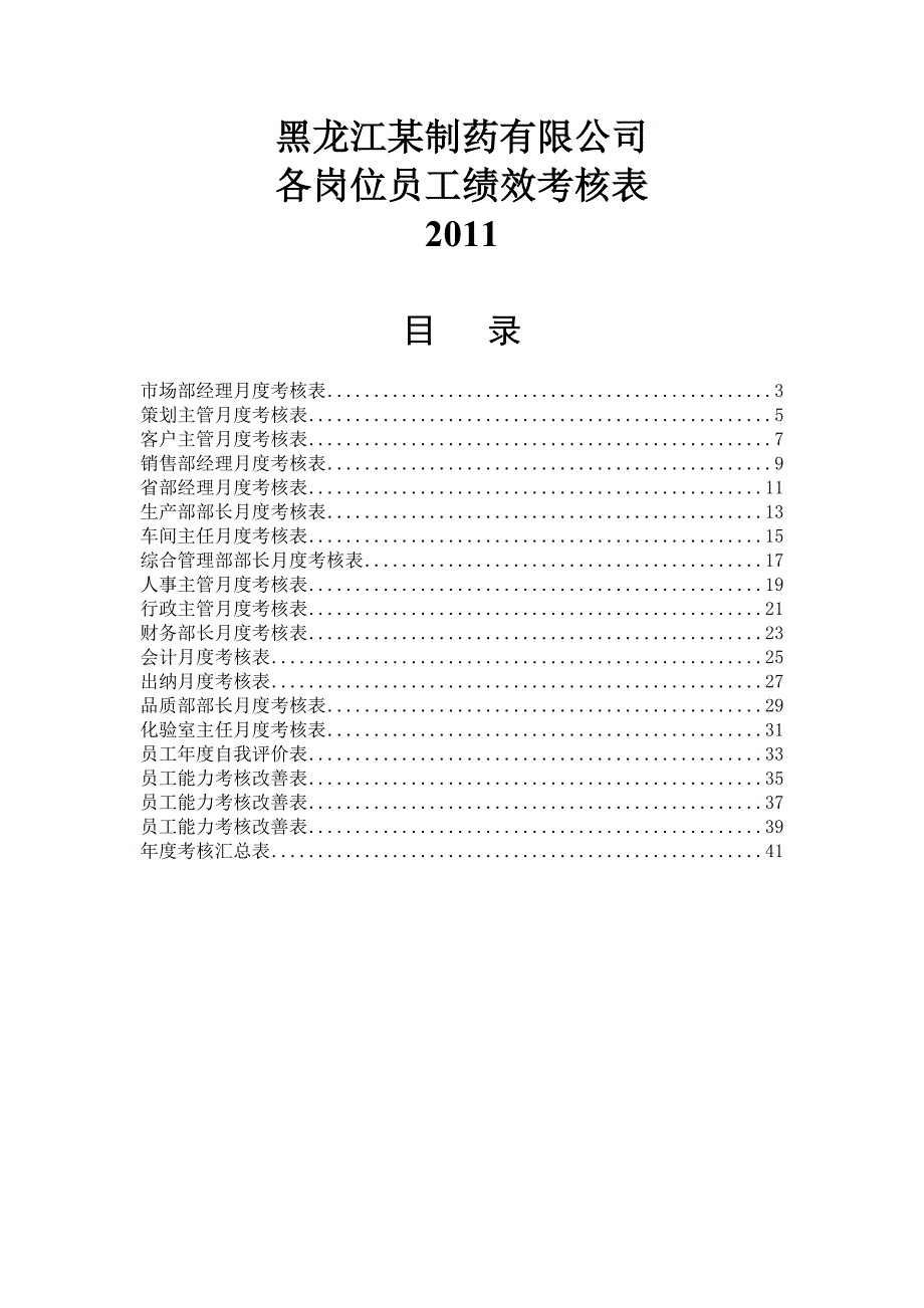 黑龙江某制药有限公司2011年各岗位员工绩效考核表(DOC 42页)_第1页