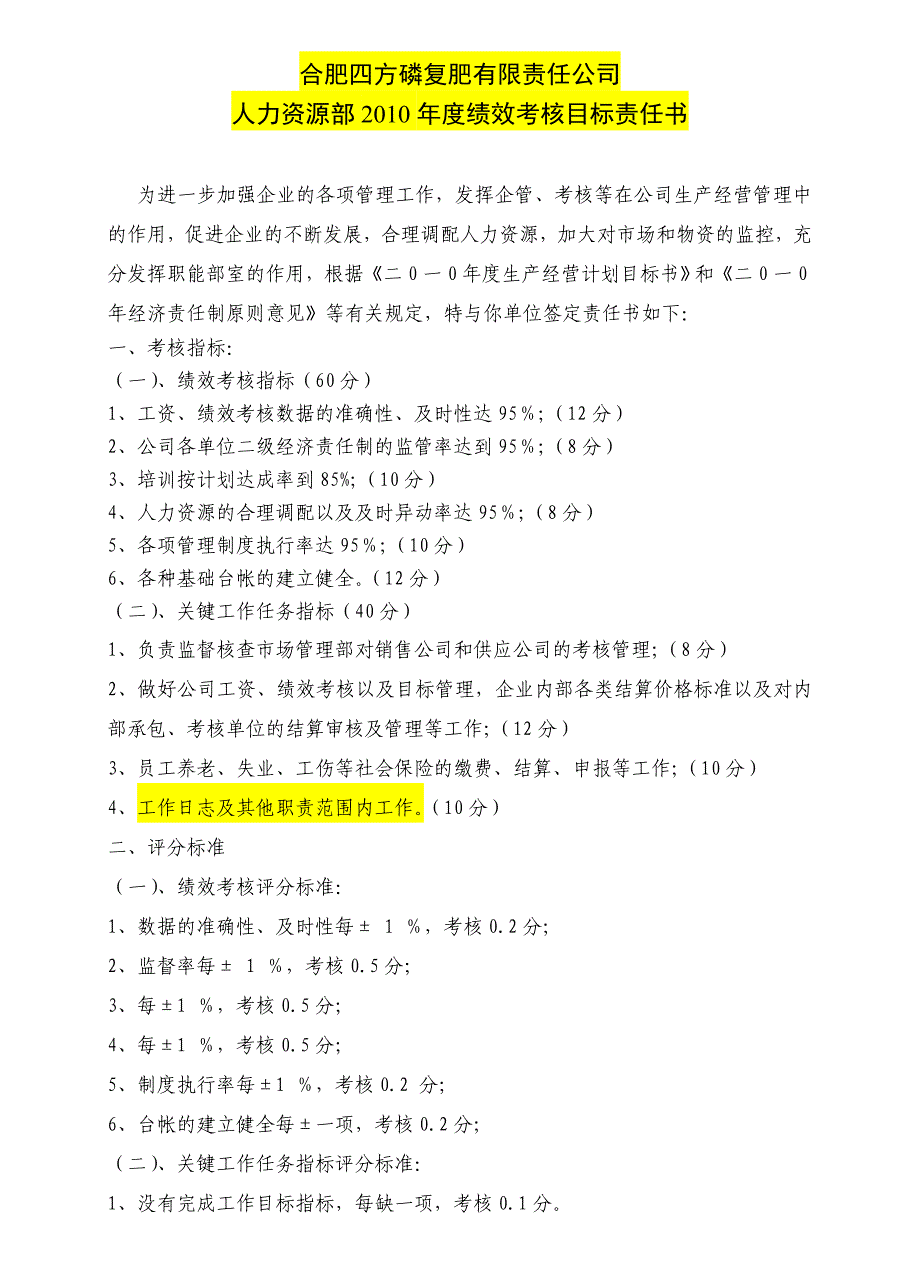 合肥某公司人力资源部2010年度绩效考核目标责任书_第1页