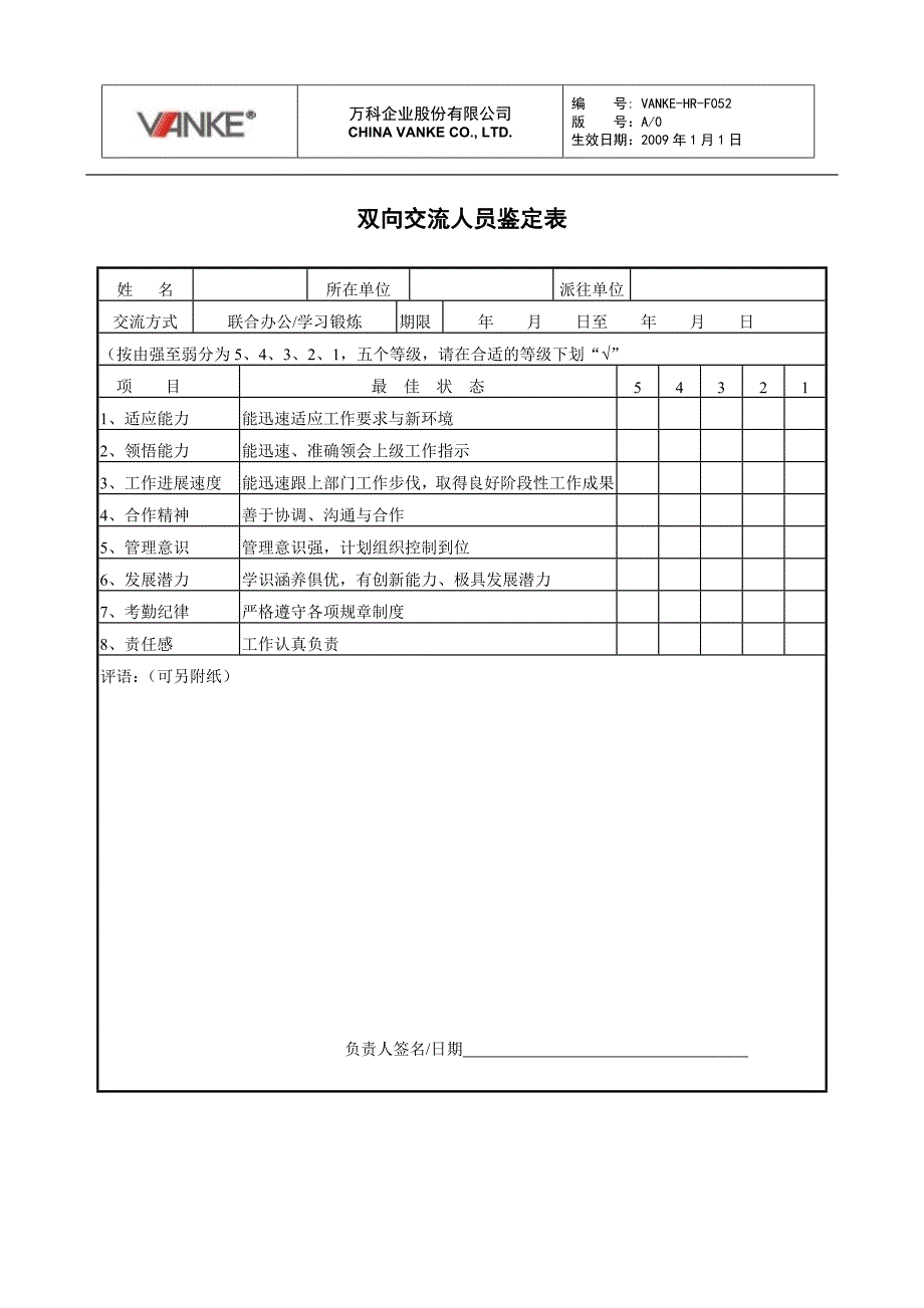 万科地产HR人力资源管理－双向交流人员鉴定表_第1页