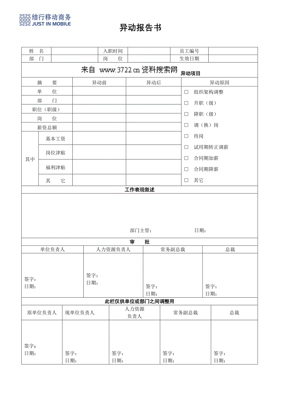 人事制度表格-结行移动商务-13异动报告书（附十三）(DOC)_第1页