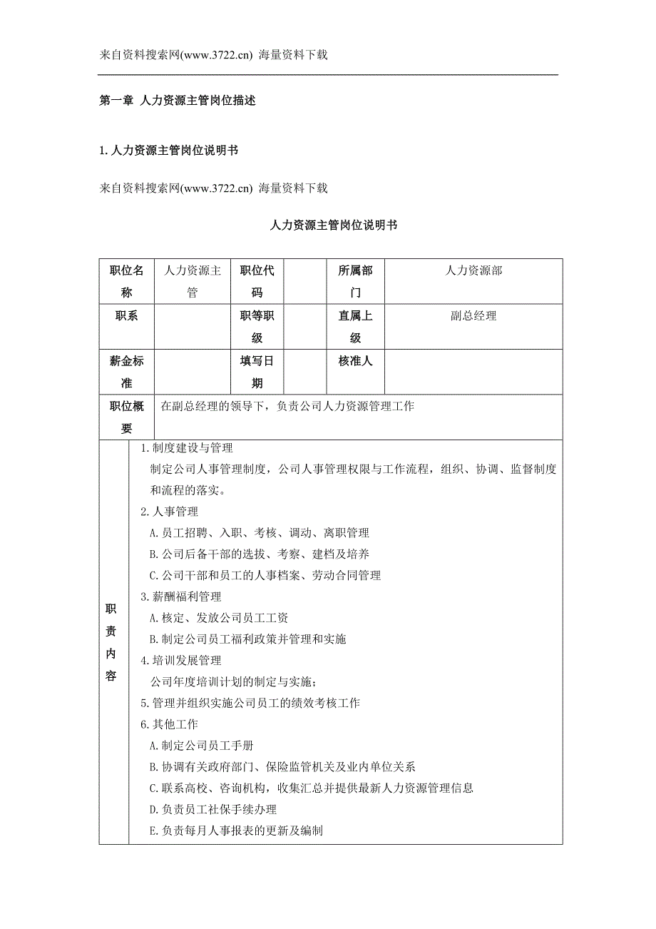 人力资源主管岗位描述-实用的HR图表(DOC65页)_第1页