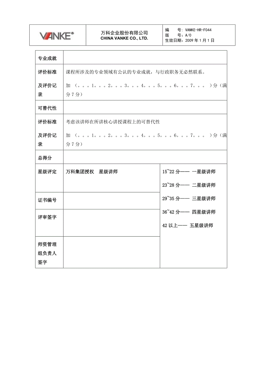 万科地产HR人力资源管理－星级师资认证表格_第2页