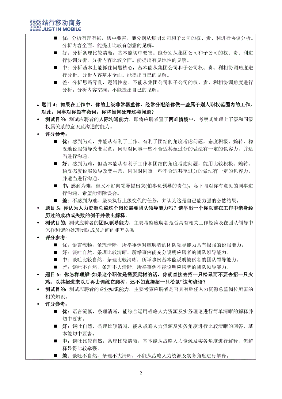 人事制度表格-结行移动商务-3结构化面试表（模板）(DOC)_第2页