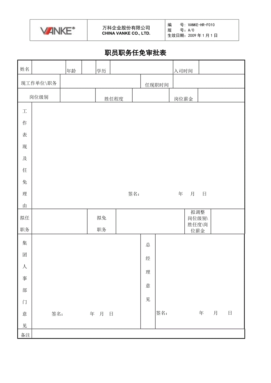 万科地产HR人力资源管理－职务任免审批表_第1页