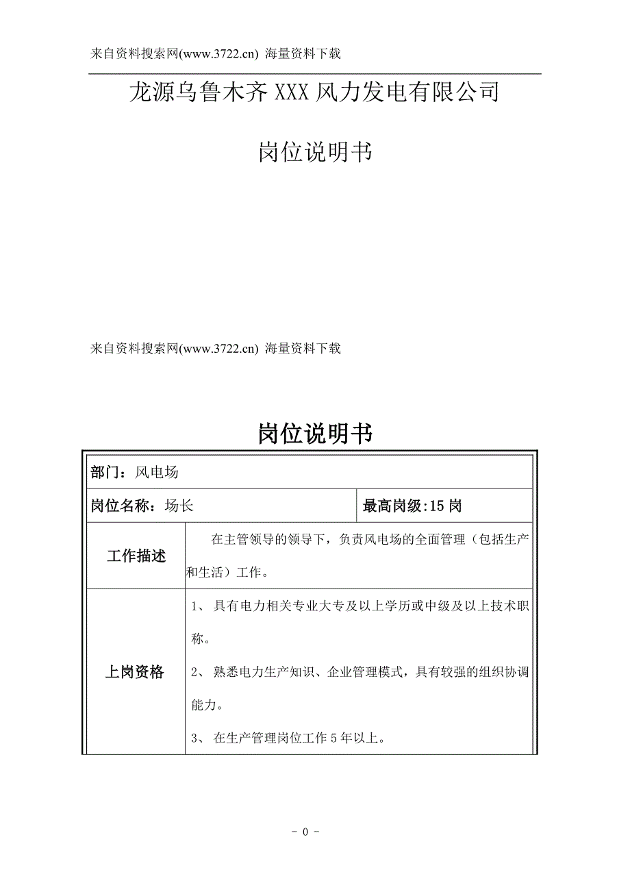 龙源乌鲁木齐某X风力发电有限公司岗位说明书（DOC16页）_第1页