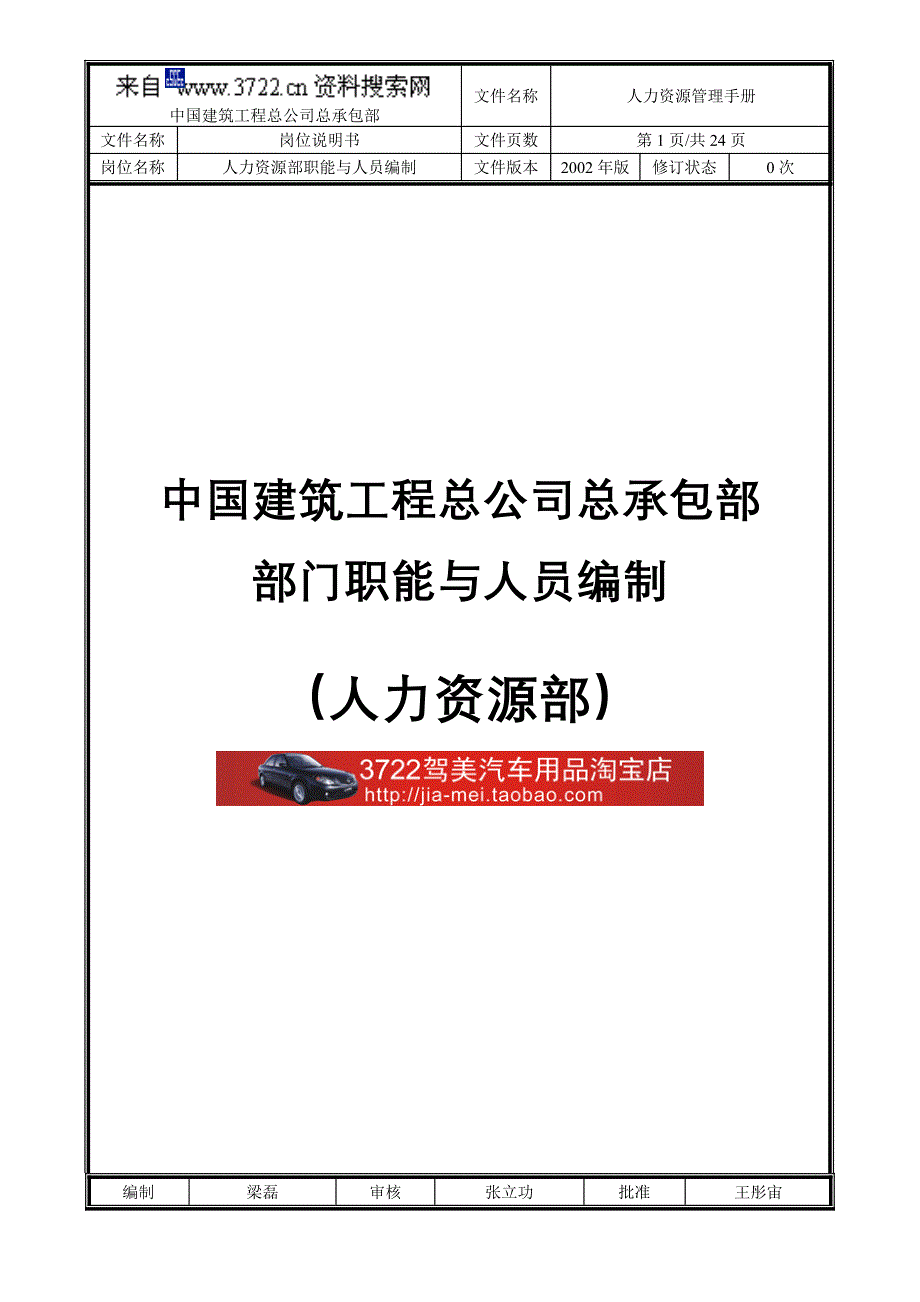 中国建筑工程总公司－总承包部部门职能与人员编制（人力资源部）（DOC26页）_第1页
