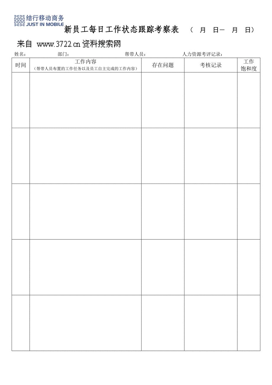 人事制度表格-结行移动商务-新员工每日工作状态跟踪考察表(DOC)_第1页