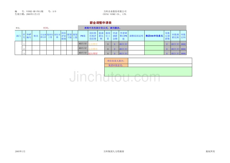 万科地产HR人力资源管理－薪金调整申请表_第1页