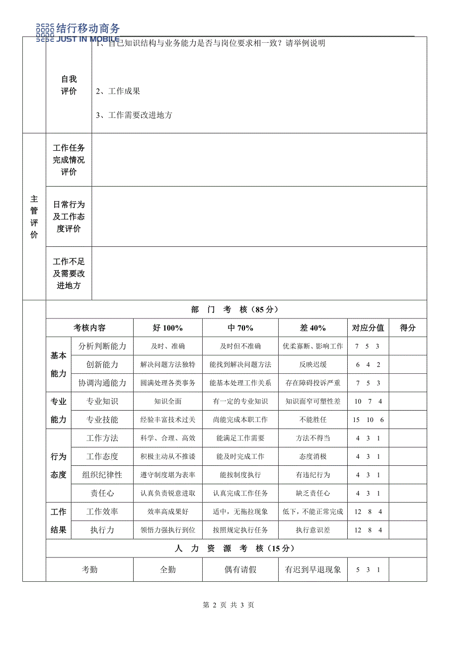 人事制度表格-结行移动商务-12试用期考核表（附十二）(DOC)_第2页