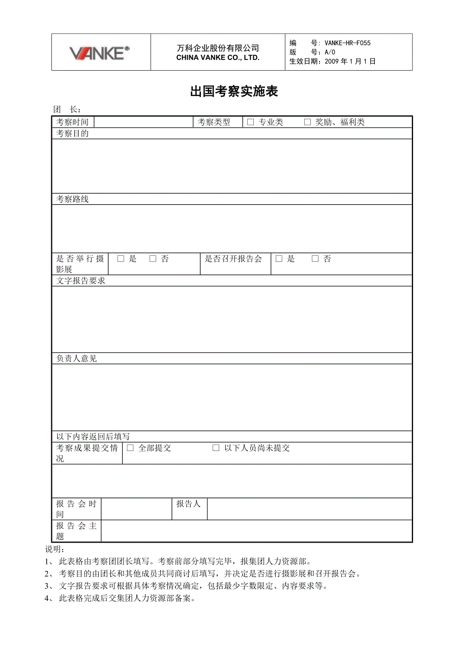 万科地产HR人力资源管理－出国考察实施表_第1页