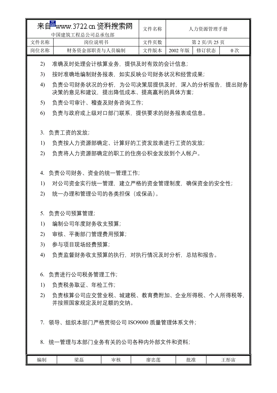 中国建筑工程总公司－总承包部部门职能与人员编制（财务资金部）（DOC27页）_第2页