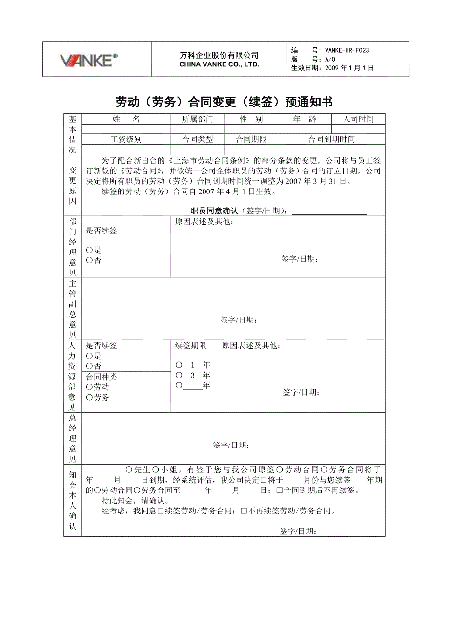 万科地产HR人力资源管理－劳动（劳务）合同变更预通知书_第1页