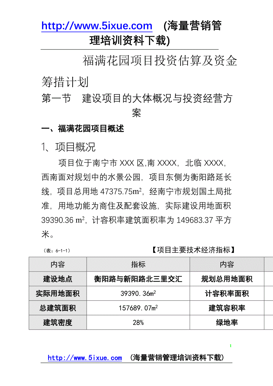 福满花园项目投资估算及资金筹措计划_第1页