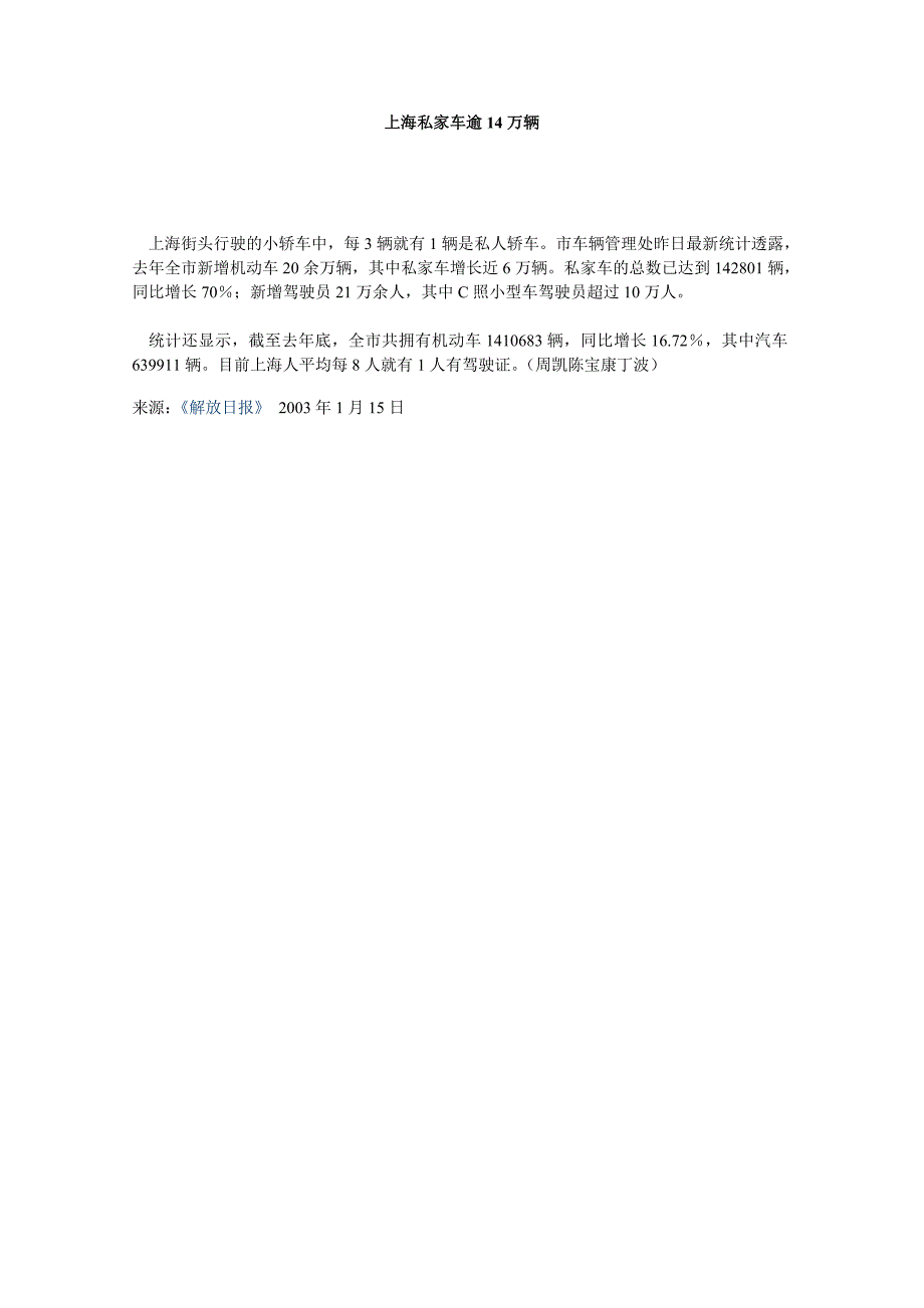 上海私家车逾14万辆_第1页