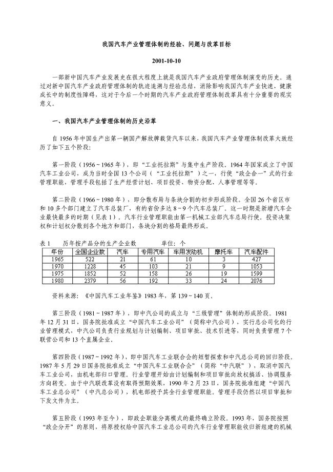 我国汽车产业管理体制的经验、问题与改革目标