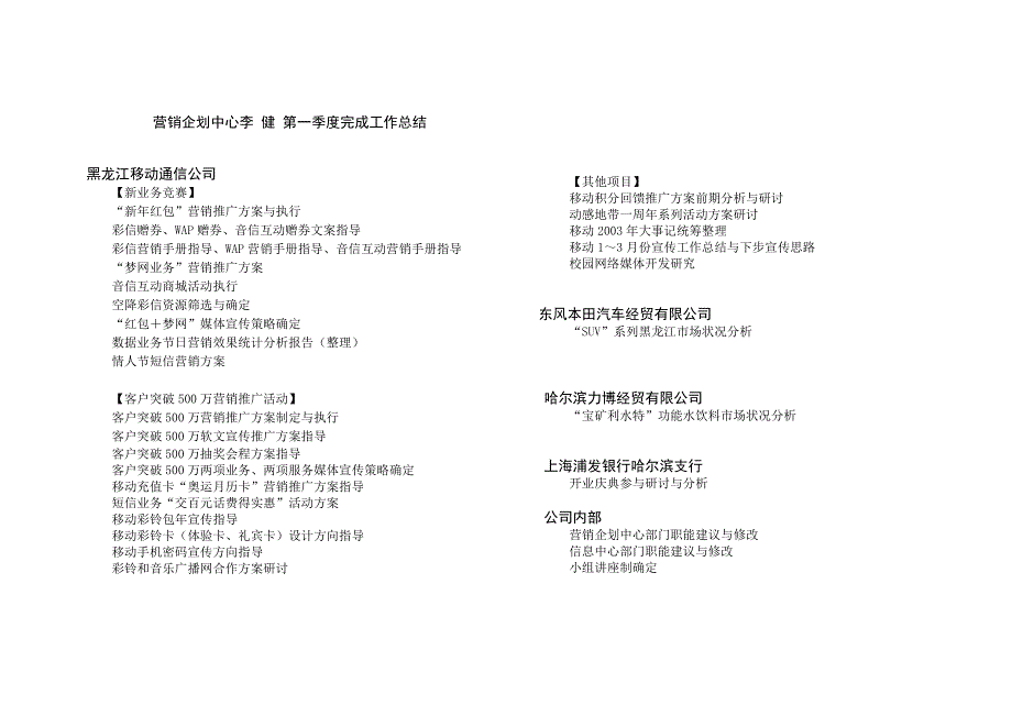 移动客户需求调查－营销企划中心 李健 第一季度完成工作总结_第1页