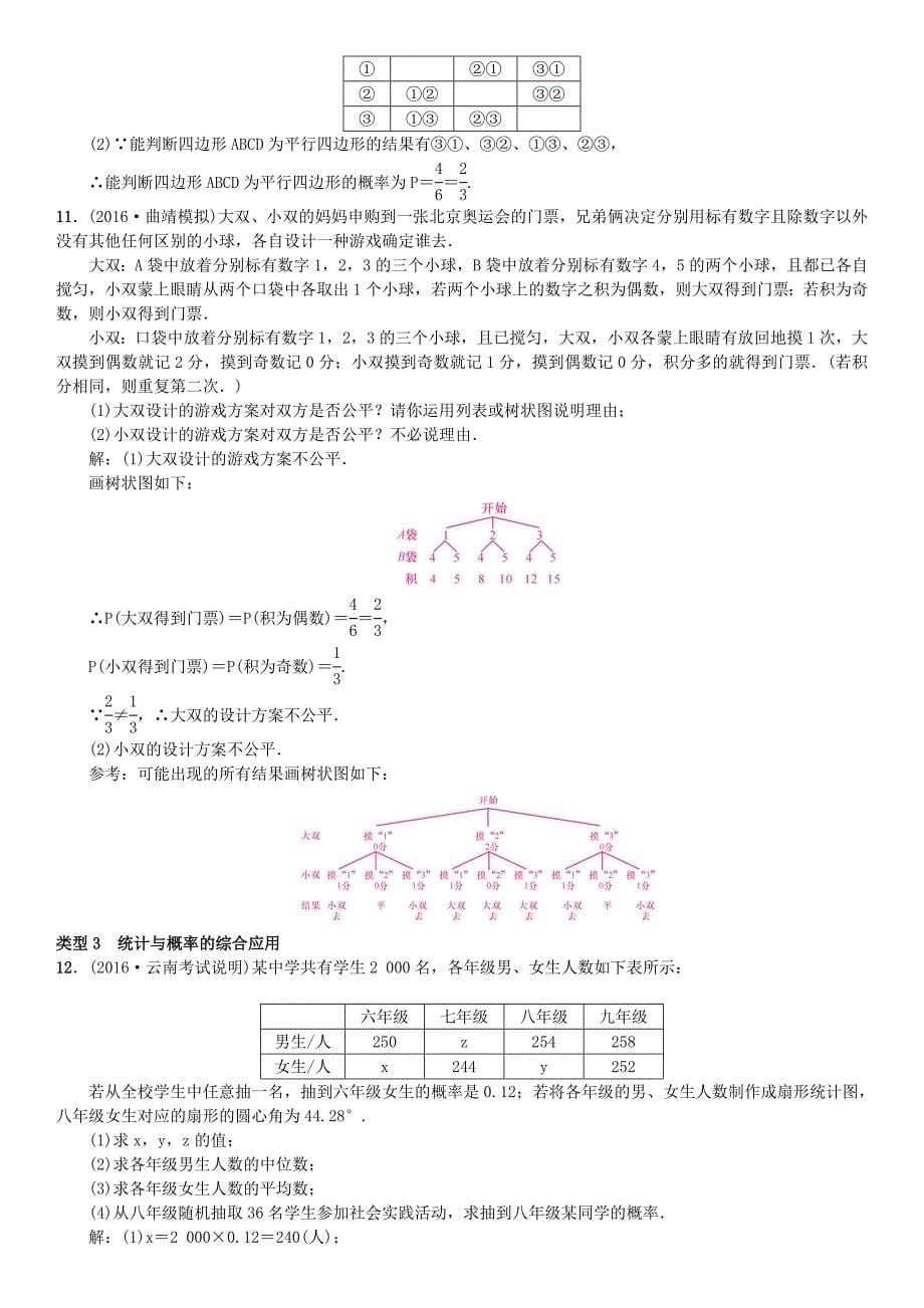 2017届云南中考数学题型专项（三）统计与概率的实际应用（含答案）_第5页