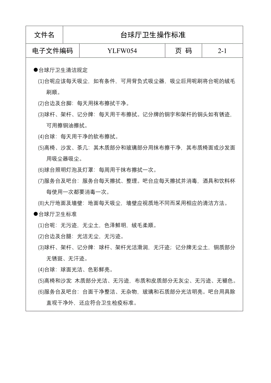 台球厅卫生操作标准（五星级酒店）管理文档_第1页