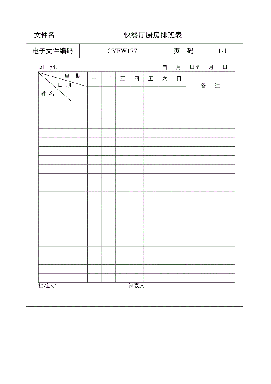 快餐厅厨房排班表（五星级酒店）管理文档_第1页
