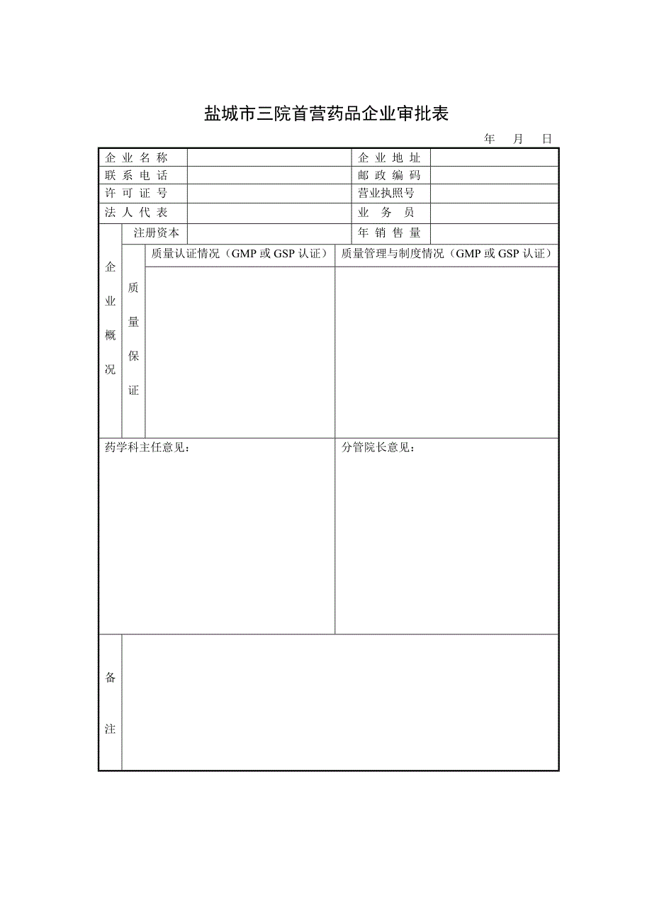 药学服务规范（药房）盐城市三院首营药品企业审批表_第1页