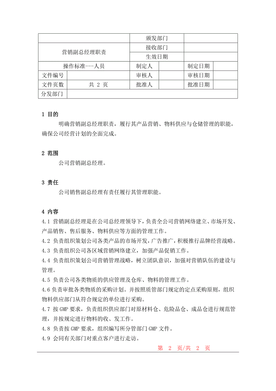 药品GMP认证（综合管理）营销副总经理职责_第1页