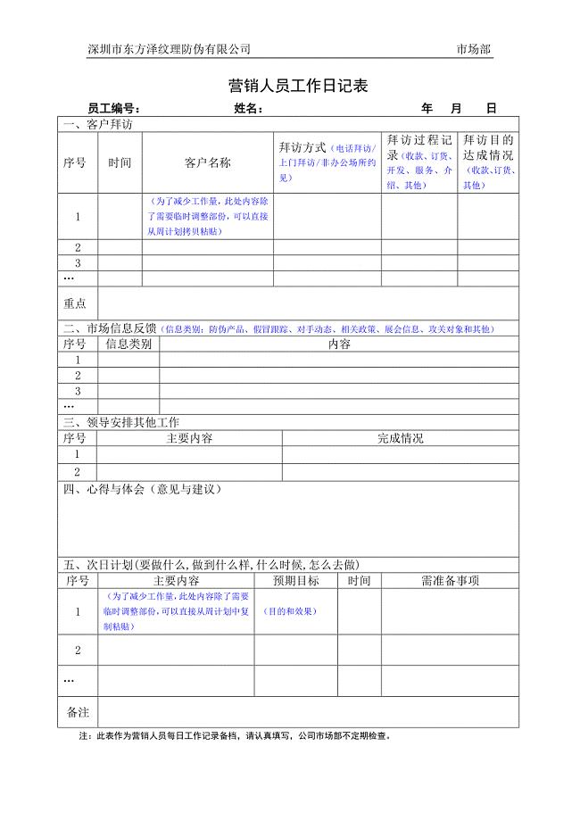 深圳东方泽防伪公司－营销人员工作日记表