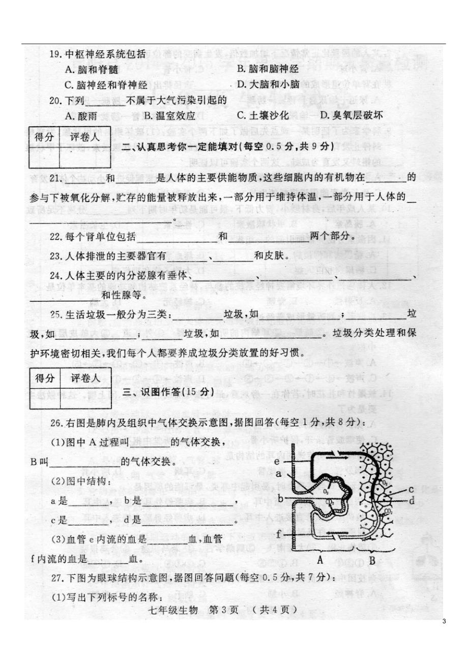 洛阳市宜阳县2014-2015学年七年级生物下学期期末质量检测试题_第3页