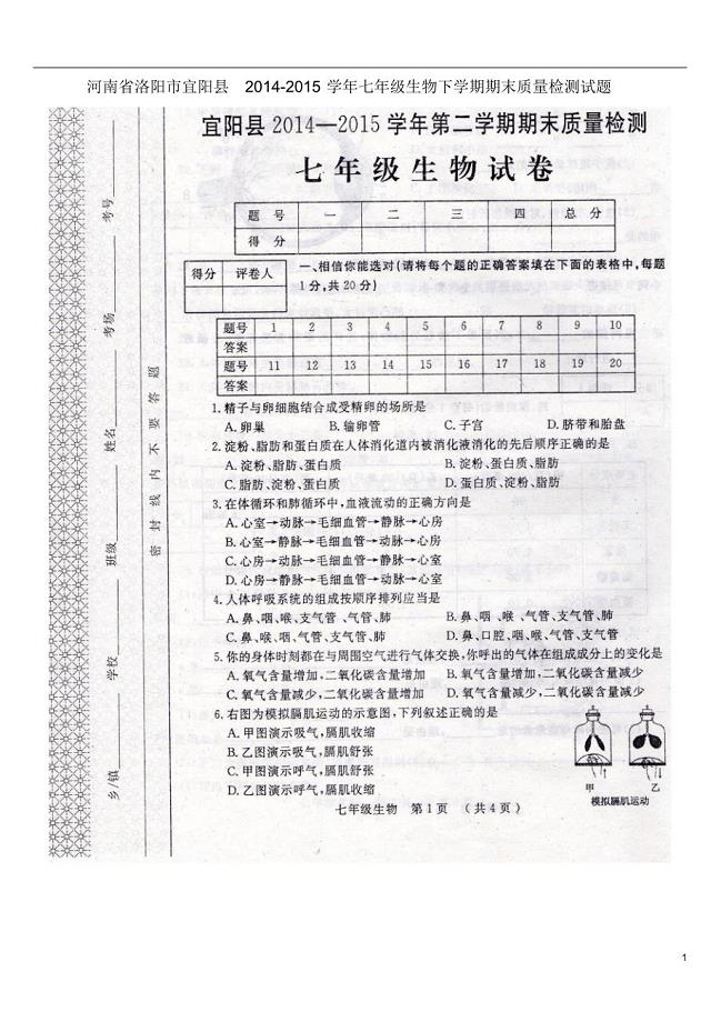 洛阳市宜阳县2014-2015学年七年级生物下学期期末质量检测试题