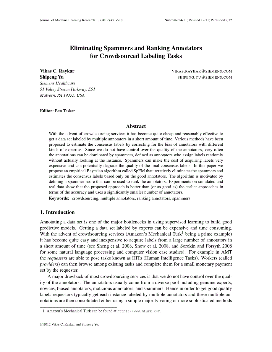 Eliminating spammers and ranking annotators for crowdsourced labeling tasks_第1页