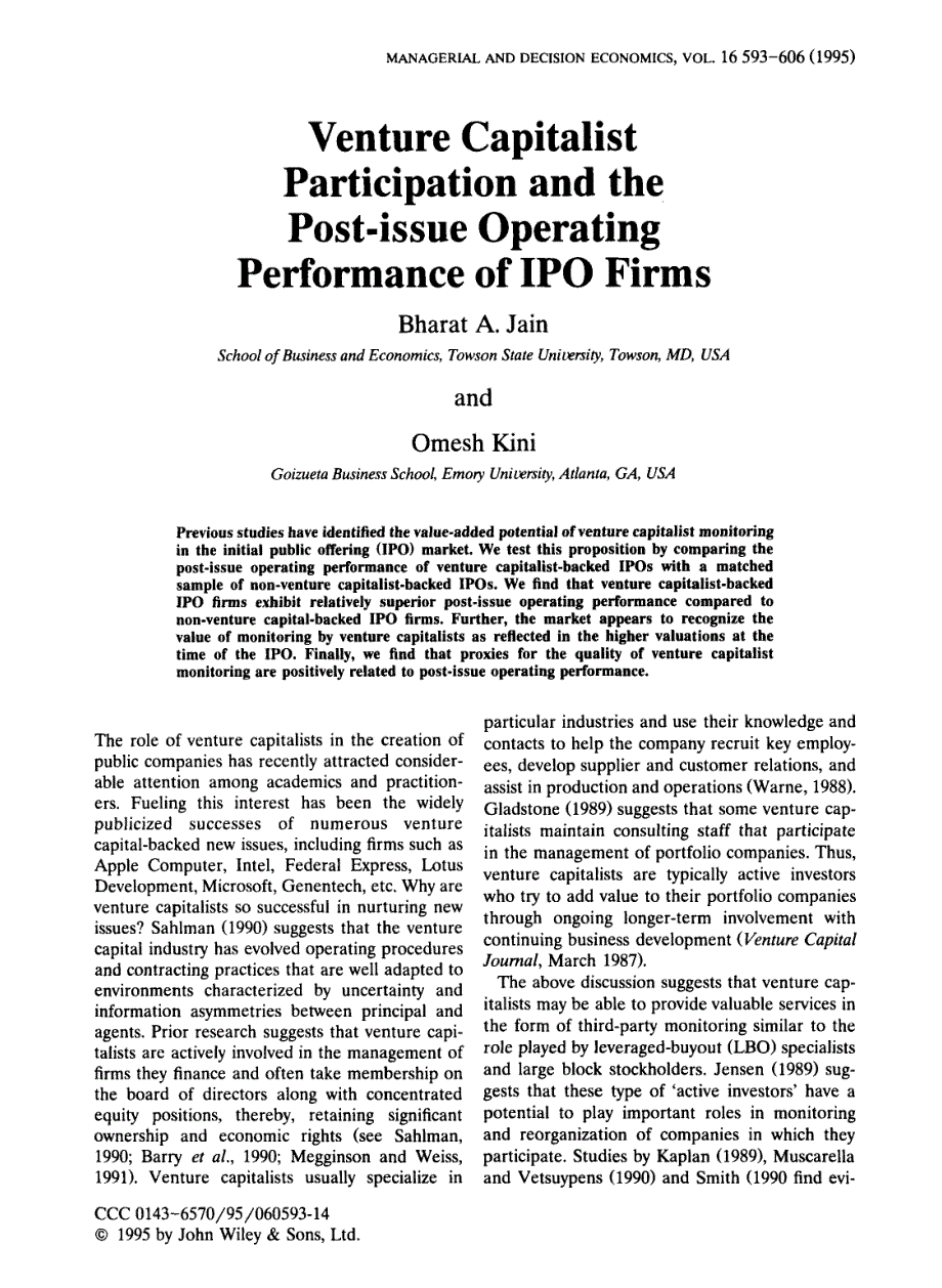 Jain_et_al-1995-Venture Capitalist participation and post-issue performance_第1页