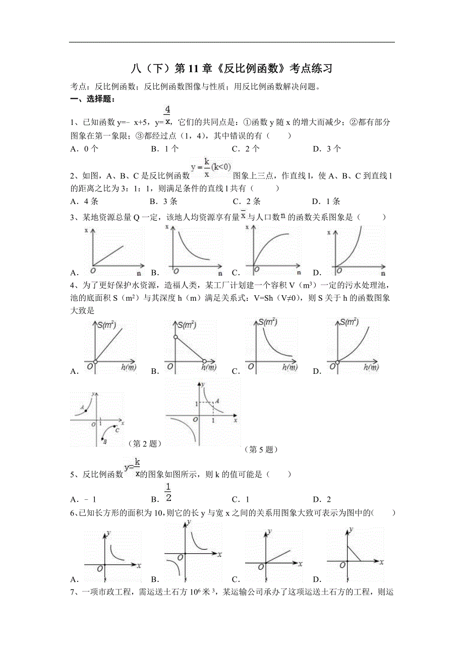 苏科版八年级数学下《第11章反比例函数》期终复习试卷含答案_第1页