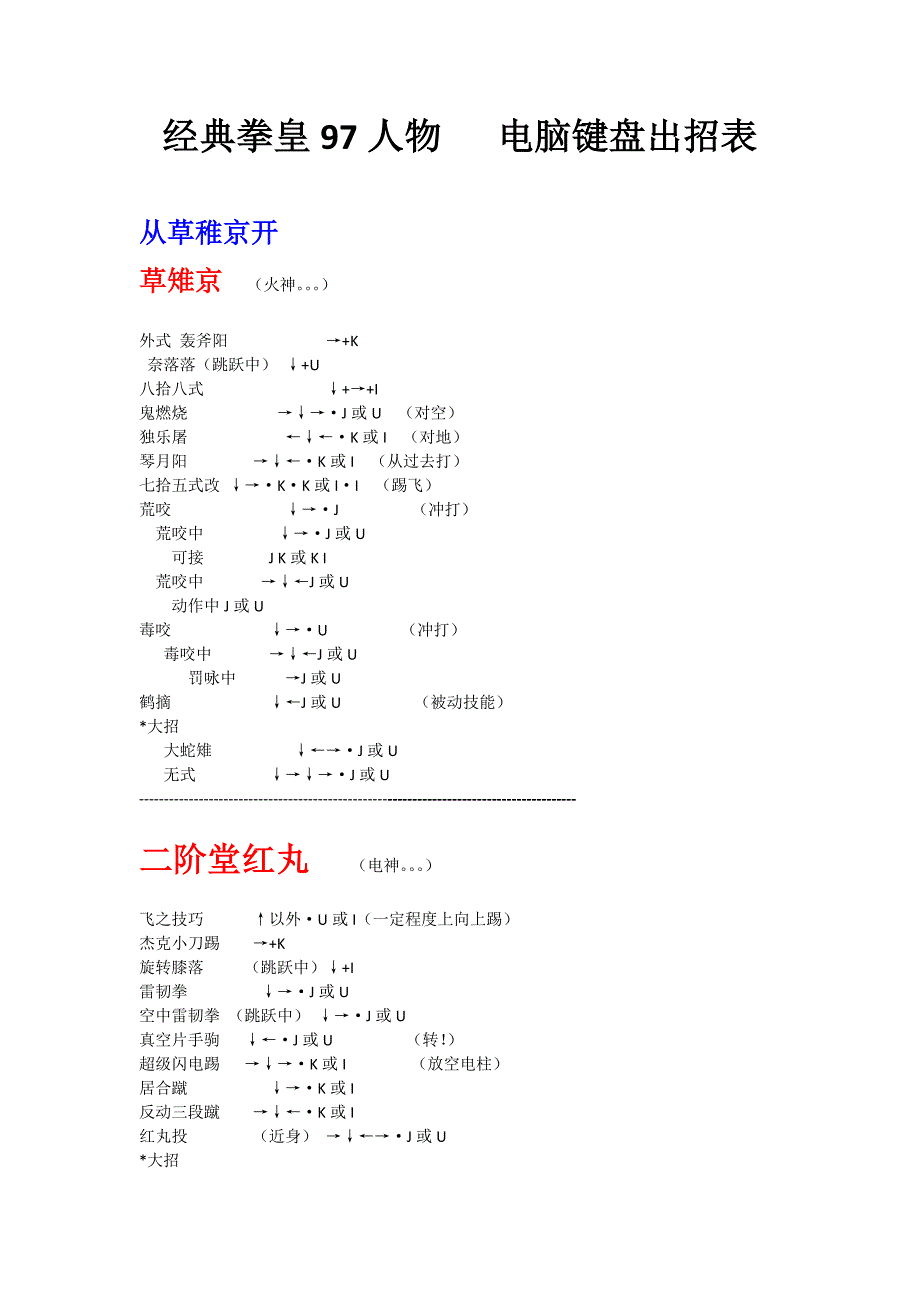 拳皇97人物__绝对电脑键盘出招表_第1页