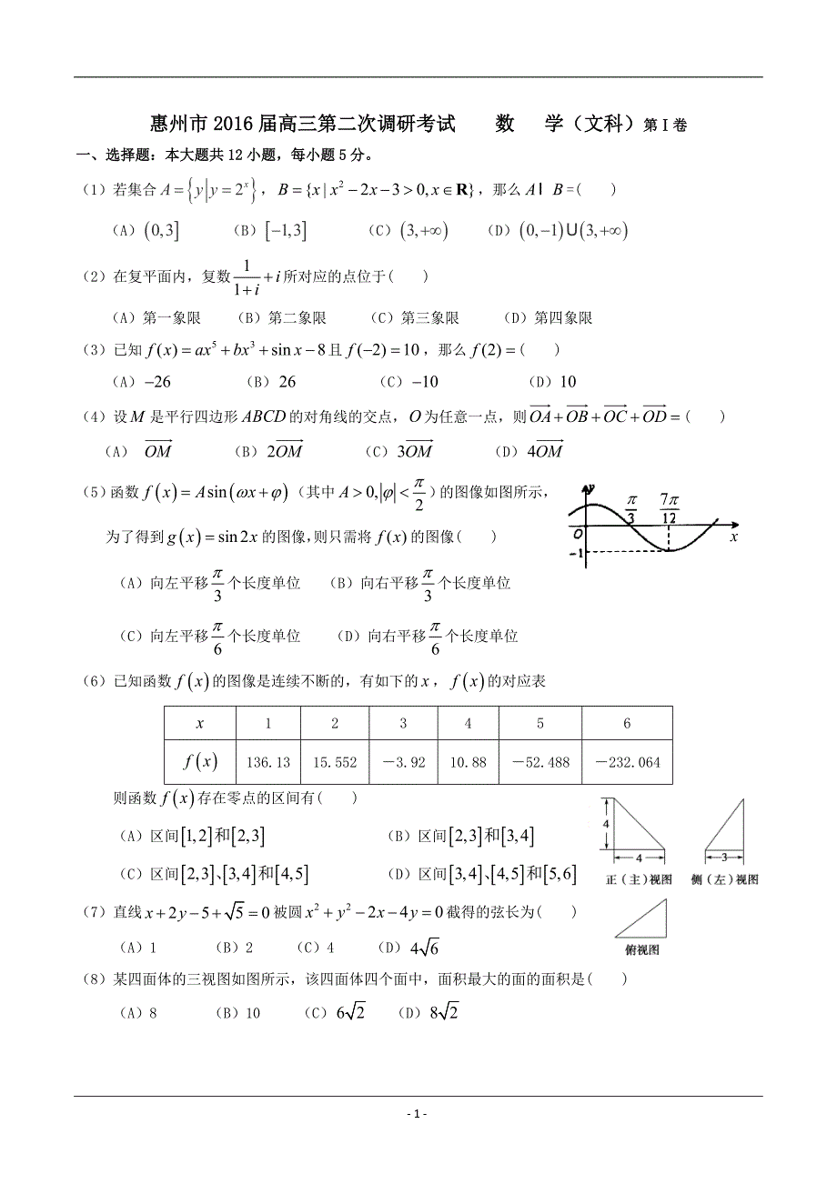 广东省惠州市2016届高三上学期第二次调研考试数学文试题 Word版含解析_第1页