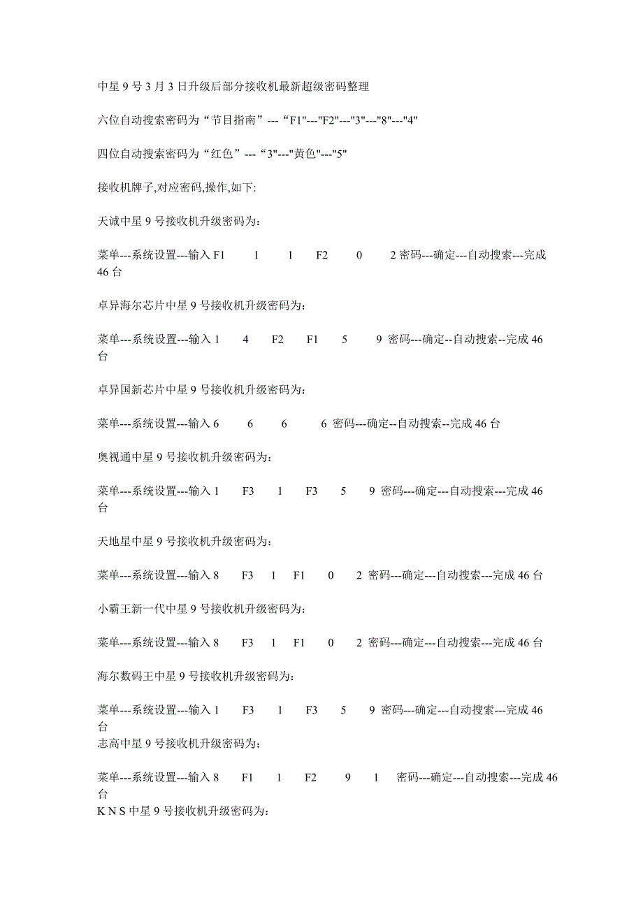 中星9号3月3日升级后部分接收机最新超级密码整理_第1页