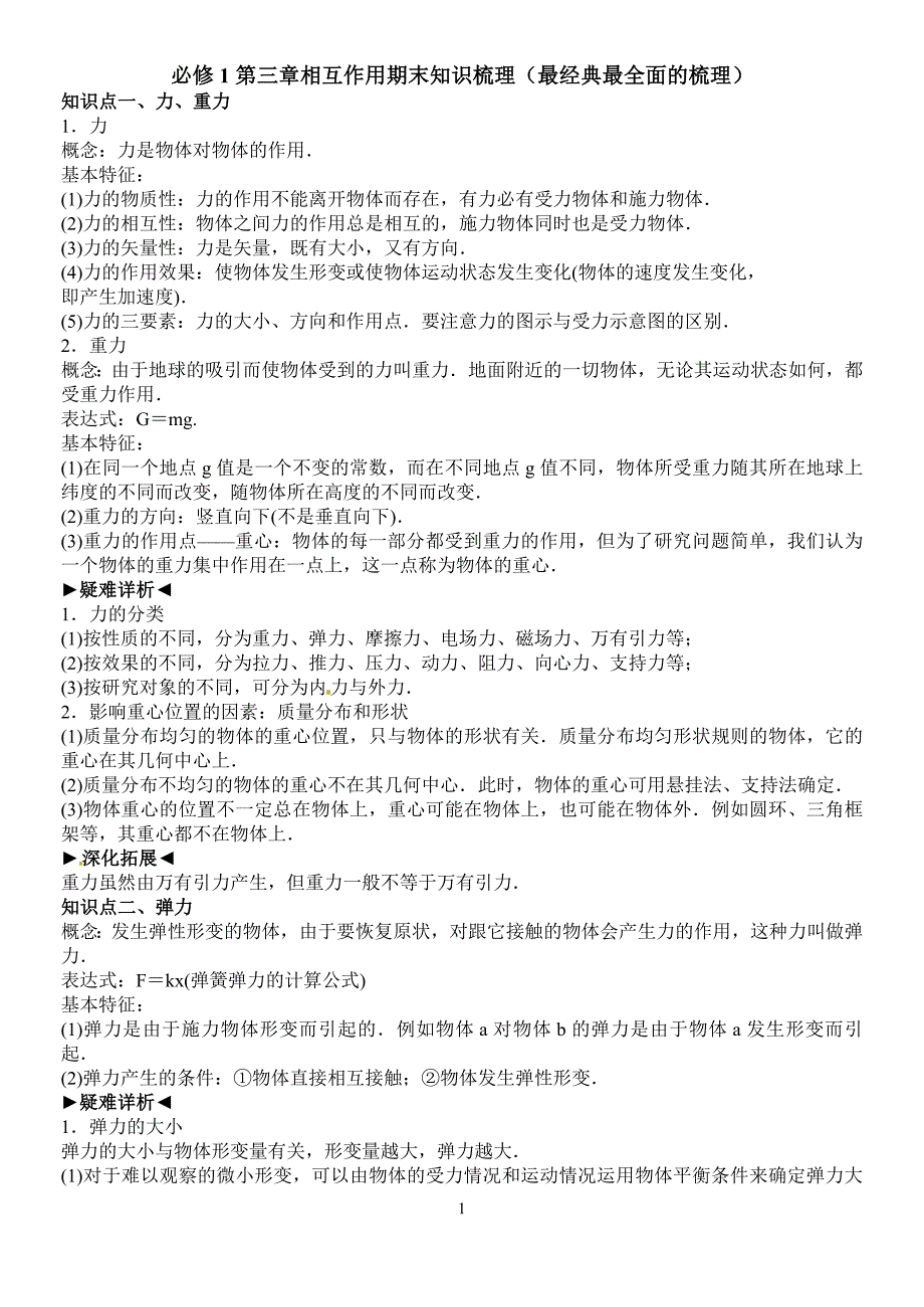 人教新课标版高一必修1第三章相互作用期末知识梳理(含测试)彭_第1页