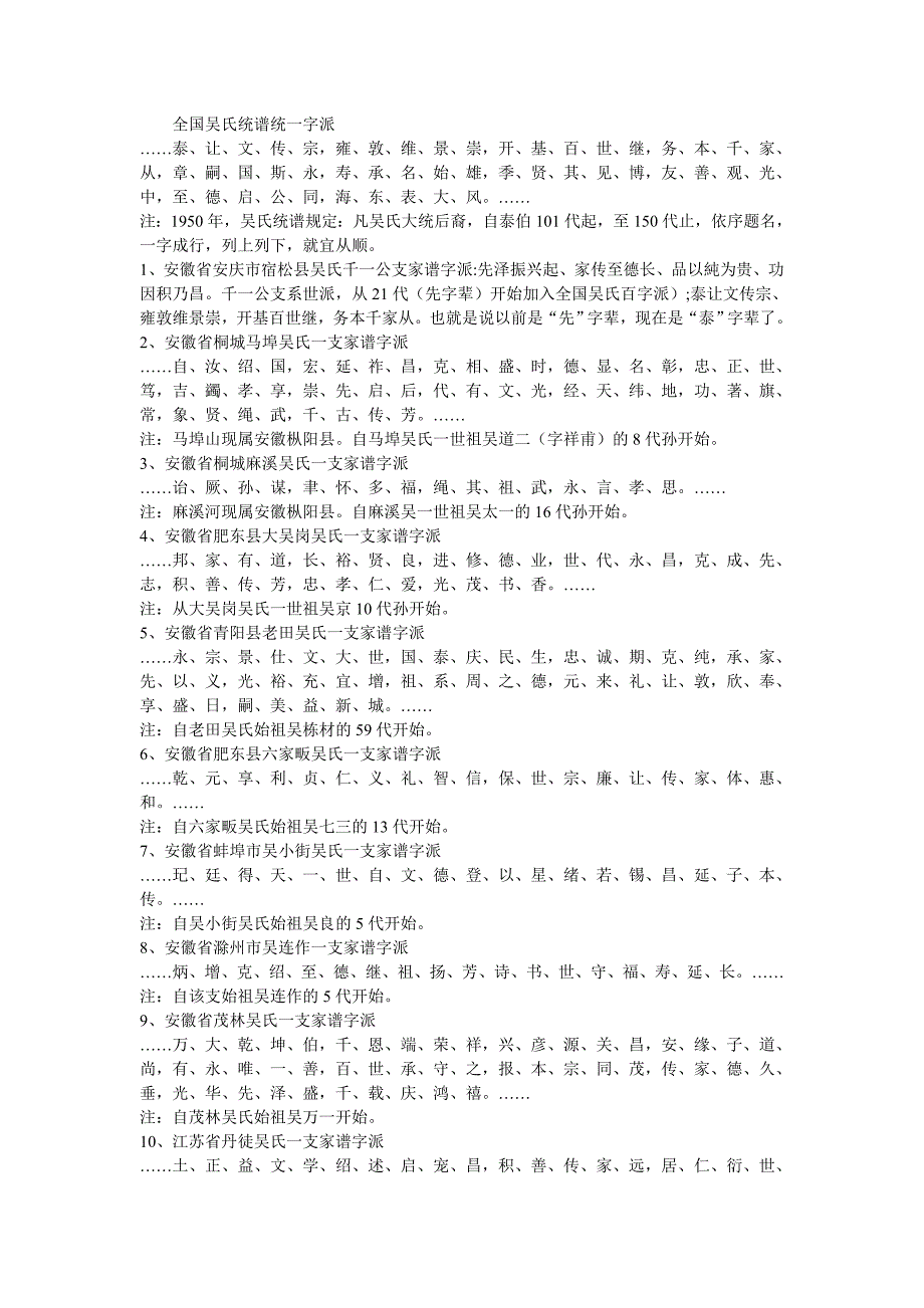 全国吴氏统谱统一字派_第1页