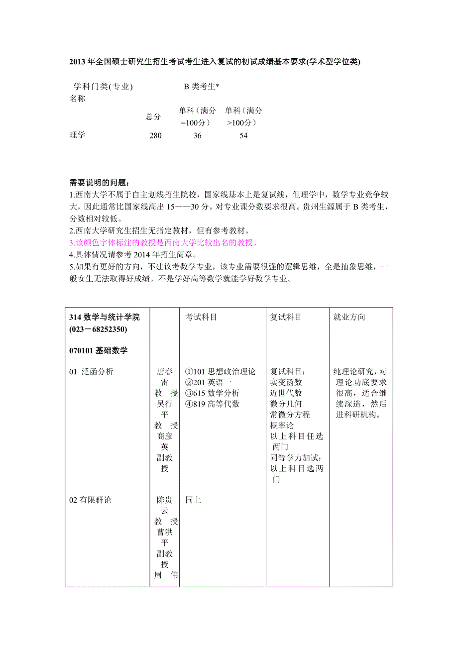 西南大学数学专业考研信息_第1页