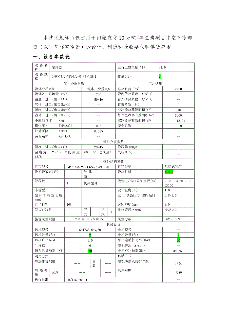 10万吨兰炭项目空气冷却器技术规格书_第2页