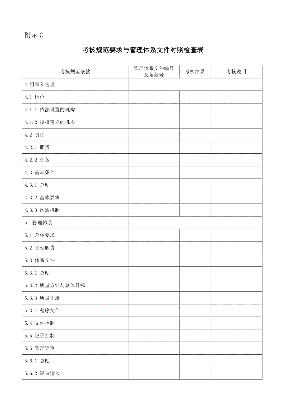 附录C考核规范要求与管理体系文件对照检查表_第1页