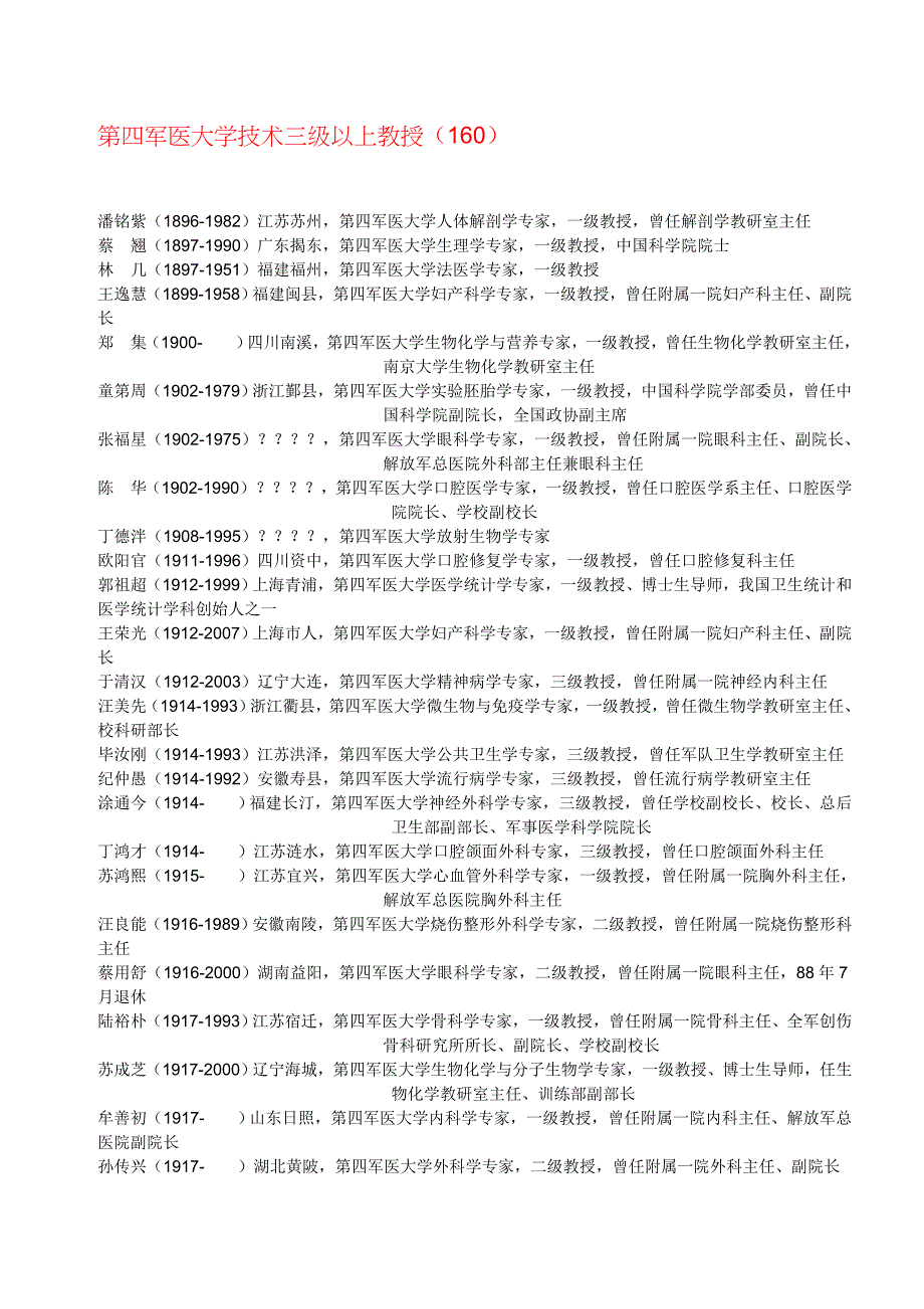 [精编]解放军第四军医大学三级以上教授_第1页