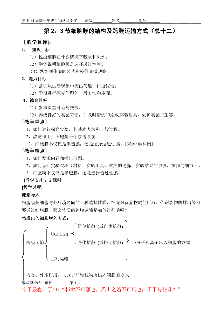 [精编]跨膜运输方式学案_第1页