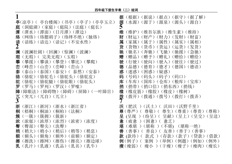 新课标人教版四年级语文下册生字表二组词_第1页