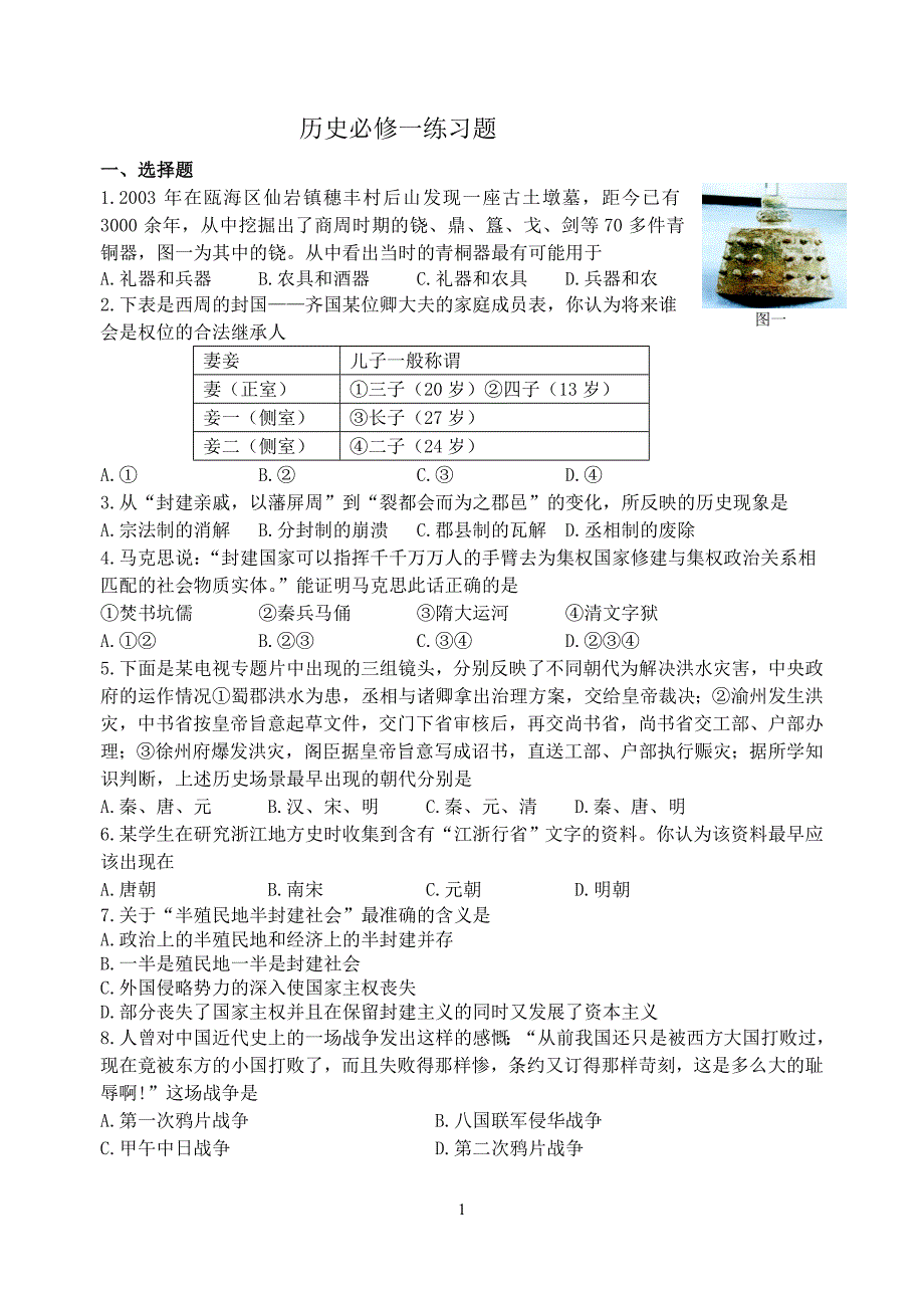 【精选】历史必修一练习题_第1页