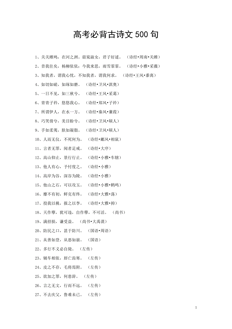 【精选】高考必背古诗文500句_第1页