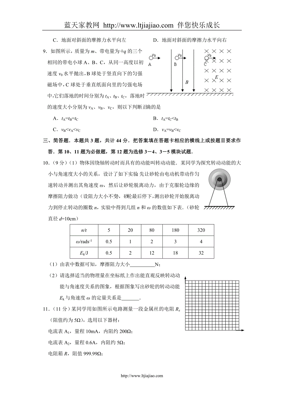 江苏省南通通州市届高三年级第四次统一测试试题(物理)_第3页